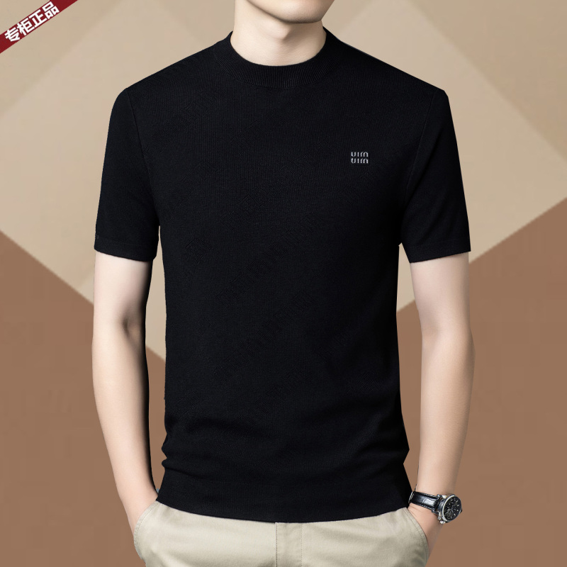 Pierre Cardin Spring and Autumn Thin Short-Sleeved Wool Sweater Men's New Round Neck Knitwear Jacquard Sweater Base Layer