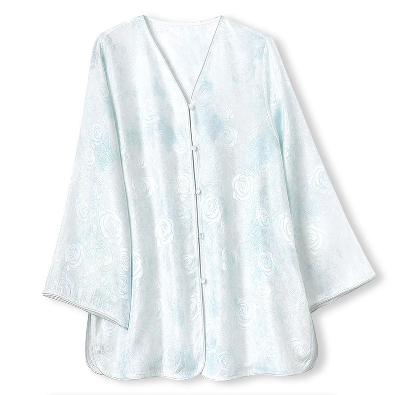 Tie-Dye Silk Blouse with Large Sleeves, Paired with a Mulberry Silk Woven Gold Silk Cardigan with a V-Neck and Round Hem