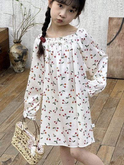 Mulberry Silk Children's Long-Sleeved Nightgown, Girls' Silk Pajamas, Summer, Middle-Aged and Older Children, Little Girls, Cute Princess Home Clothes