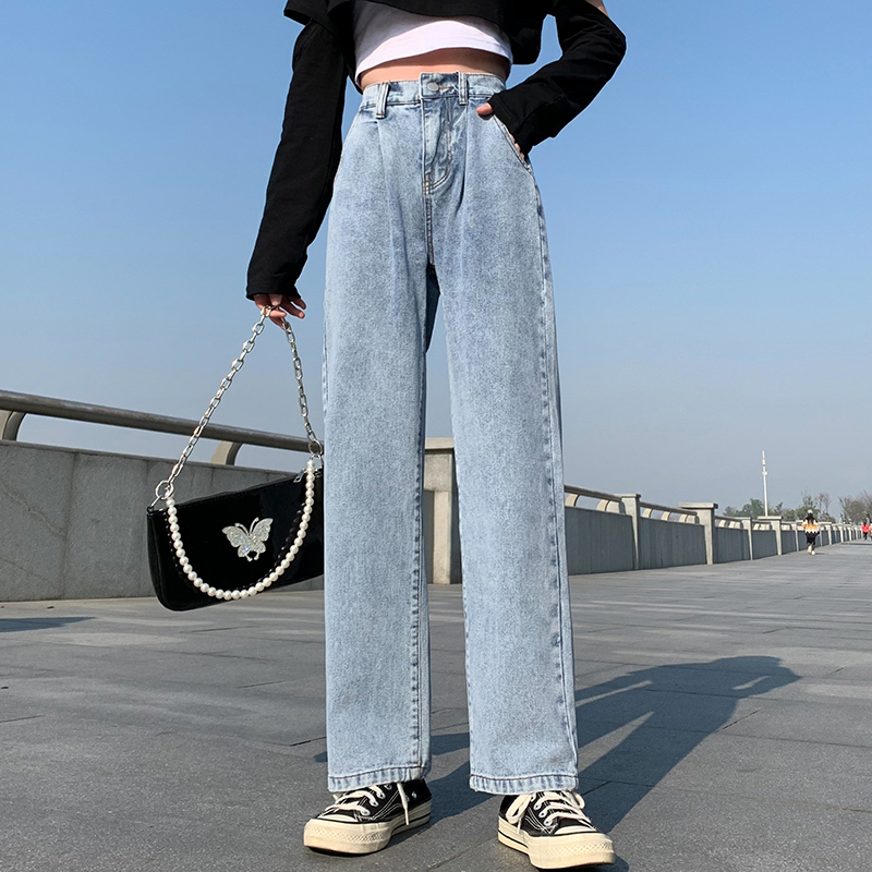 Real shot light color wide leg jeans women's new high waist show thin and drooping Korean loose straight pants chic