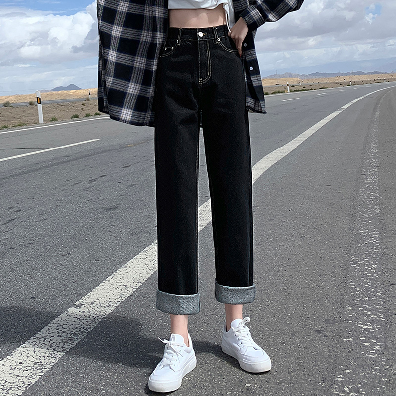 Real shot 9926 ා high waist straight tube jeans women's loose Korean version dark blue showing thin and tall broad leg pants