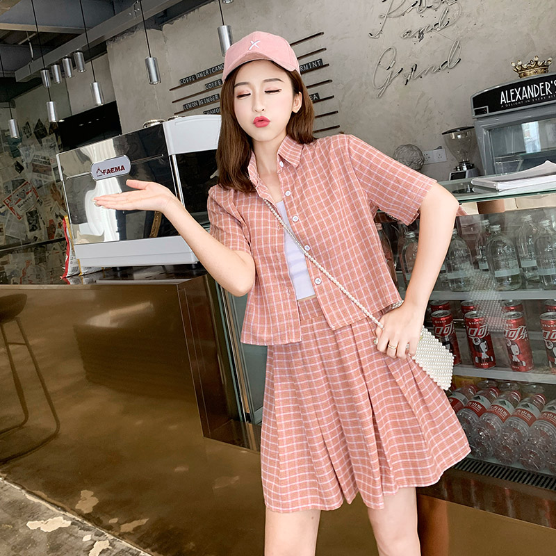 VK旗艦店 韓系格紋休閒短袖襯衫百褶短裙套裝短袖裙裝