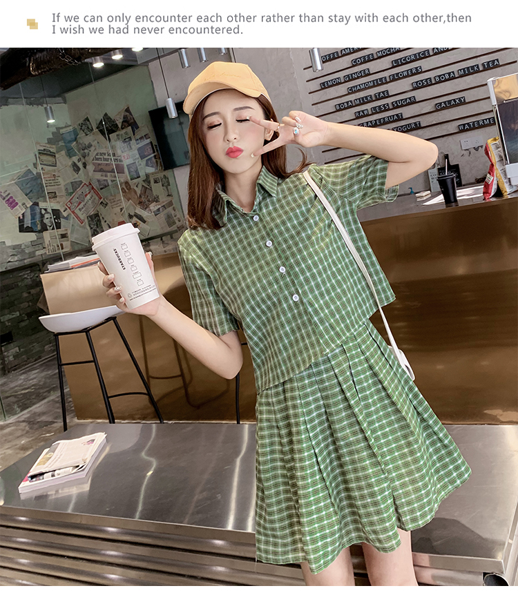 VK旗艦店 韓系格紋休閒短袖襯衫百褶短裙套裝短袖裙裝