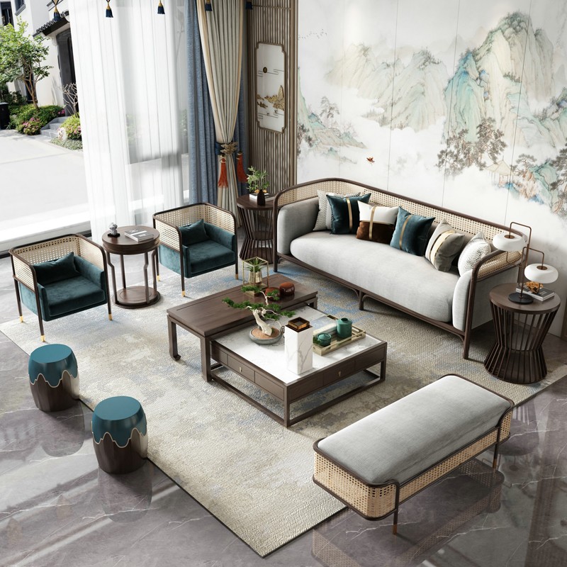 New Chinese-style living room rattan sofa combination modern minimalist light luxury villa model room solid wood sofa customization in the lobby