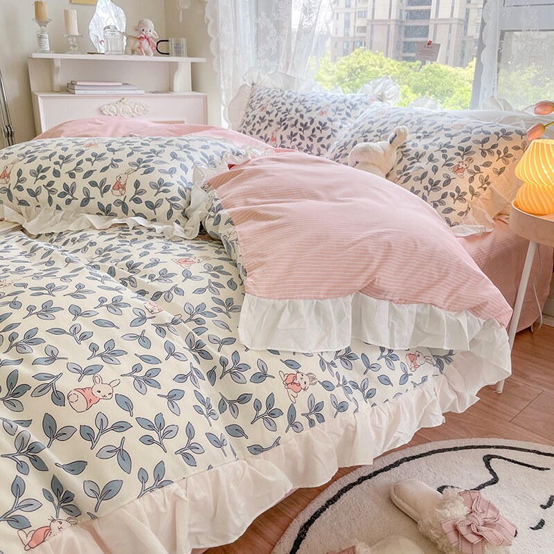 Korean version of bed sheets, quilt cover, four-piece set of cotton girl ins wind princess bedding four-piece set of cotton bed bag