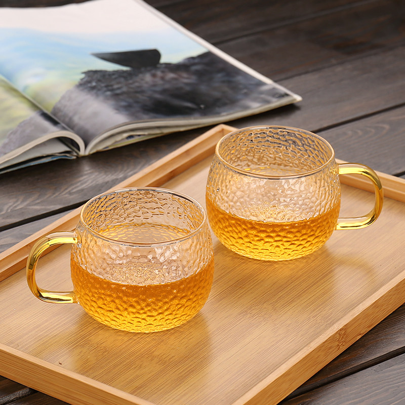 Kangyun thickened hammer pattern glass teacup Small teacup Kung Fu tea set Household with handle transparent glass
