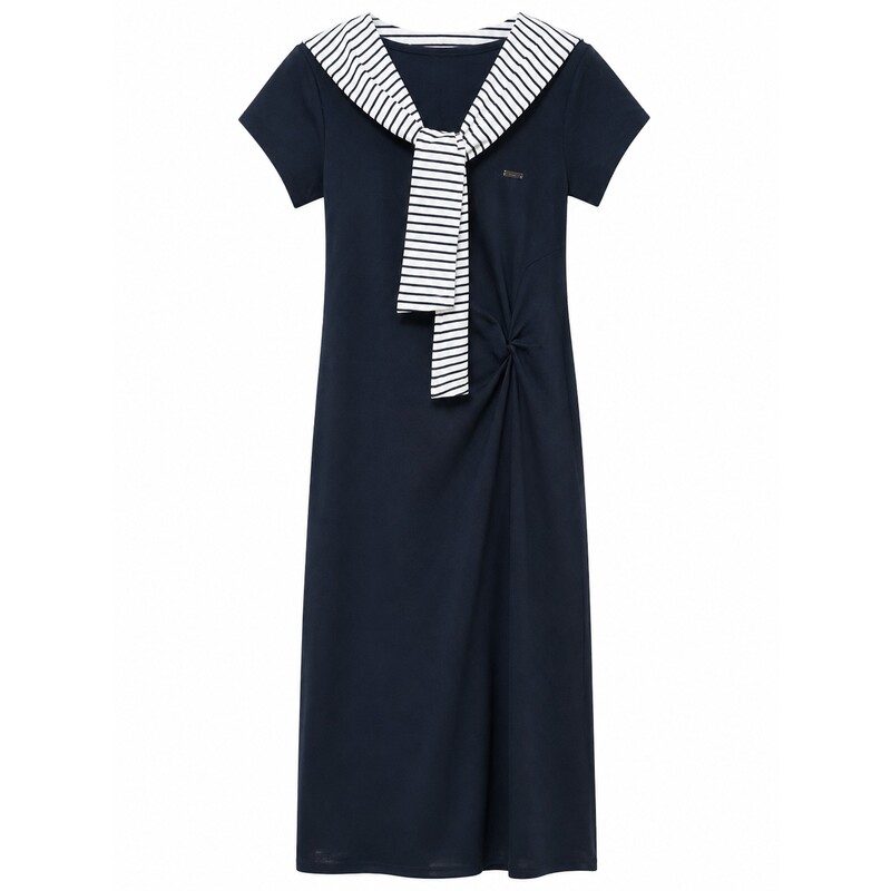 E·Land Striped Twist Dress Commuter Casual Long Dress with Ribbon Eeomg37B01 E·Land Striped Twist Dress Commuter Casual Long Dress with Ribbon Eeomg37B01