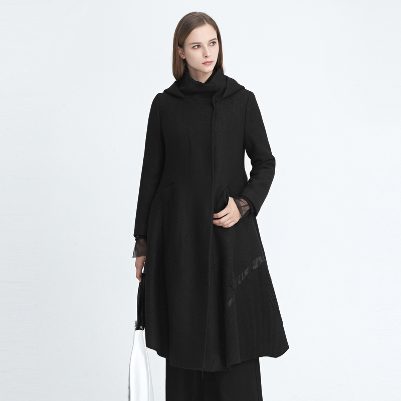 Sdeer New Winter Product Women's High-Neck Hooded Patchwork Mid-Length Woolen Coat S20481832