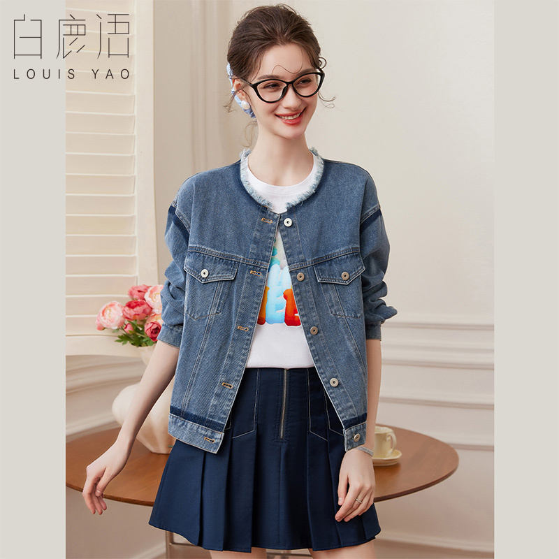 White Deer Whisper Color-Block Fringed Round Neck Denim Jacket Spring Style Fashionable Casual Long Sleeve Non-Stretch Women's Jacket Top Hy50049