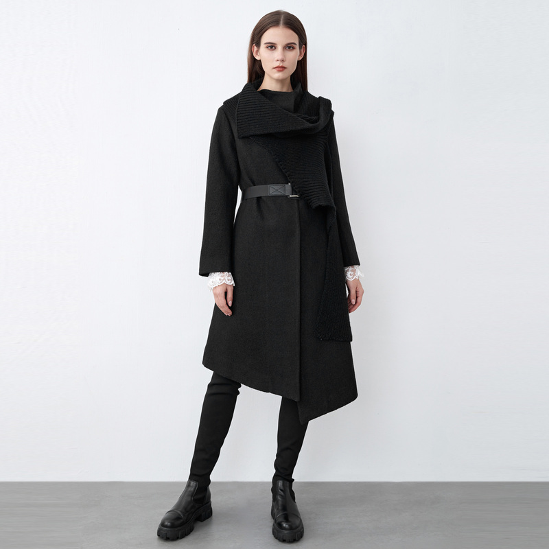 Sdeer Women's Stand-Up Collar Knitted Patchwork Waist-Cinching Coat S21481865