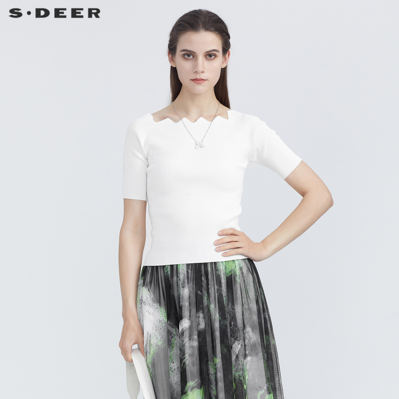 Sdeer Women's Summer Elegant One-Line Collar White Mid-Sleeve Knitwear S21283508