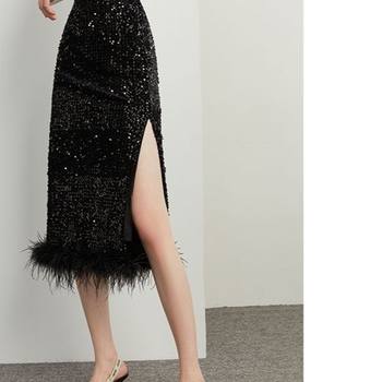Sequin Skirt New Style 2023 Autumn and Winter Elegant Slit Velvet Splicing Mid-Length Dress Skirt