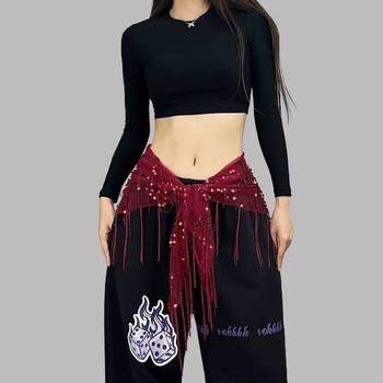 Belly Dance Waist Chain for Women 2024 New Style Practice Clothes Hip Scarf Practice Outfit Beginner Triangle Scarf Tassel Belt Waist Cincher