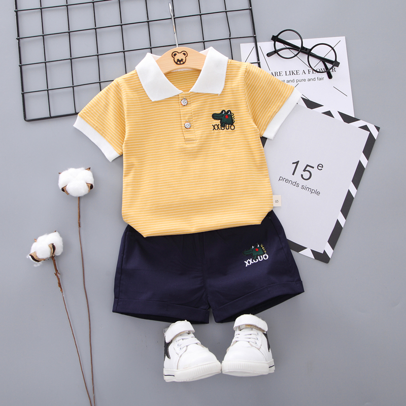 Little Crocodile With Armband & Yellowparagraph Boy summer Short sleeve suit 1-3 year 4 children Foreign style Check pattern shorts 2021 baby summer wear Two piece set