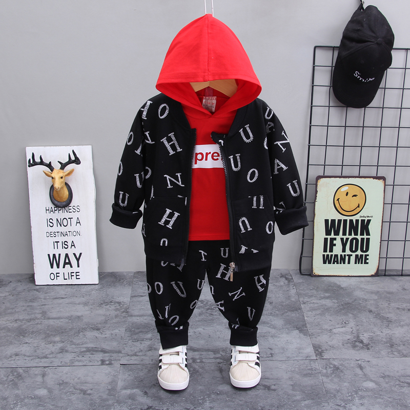 Three Piece Bhn Hood & Red2021 Boy Spring Three piece set children child leisure time clothes Baby boy Autumn clothes 1-3 year 4 Foreign style tide Children's wear