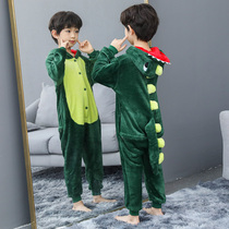 Boy Sleepwear Spring Plus Thicken Thicken Dinosaur One-piece Clothes Children Flannel Home Clothing Boy Coral Suede Spring Autumn