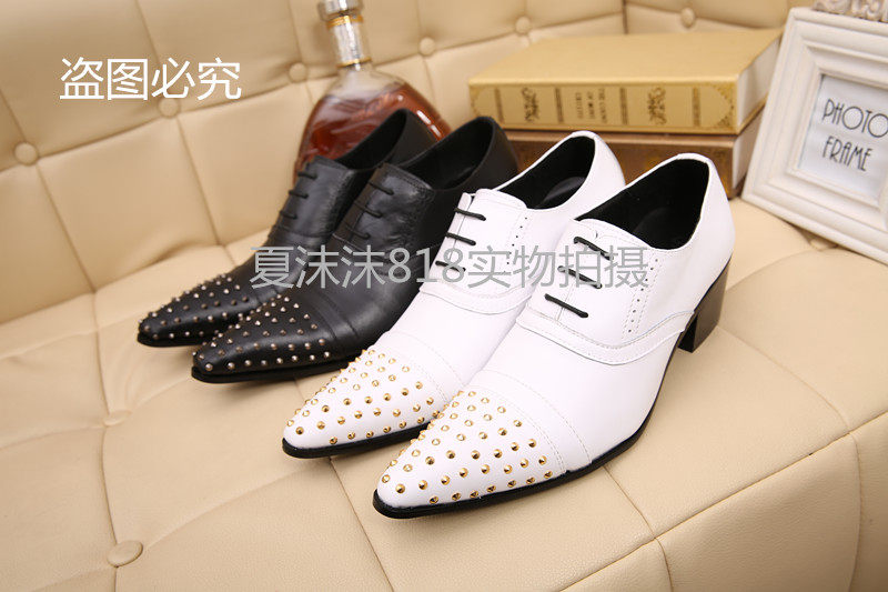 Korean version Trend Inren Pointed Lace Rivets Genuine Leather Shoes Hair Stylist Walking Show Nightclub Men's Shoes Hair Stylist Casual Shoes