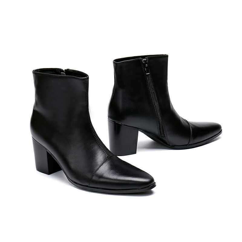Personalized 8cm High-Heeled Youth Korean Fashion Boots Hairstylist Casual Trendy Boots Pointed Toe British Style Men's Genuine Leather Boots