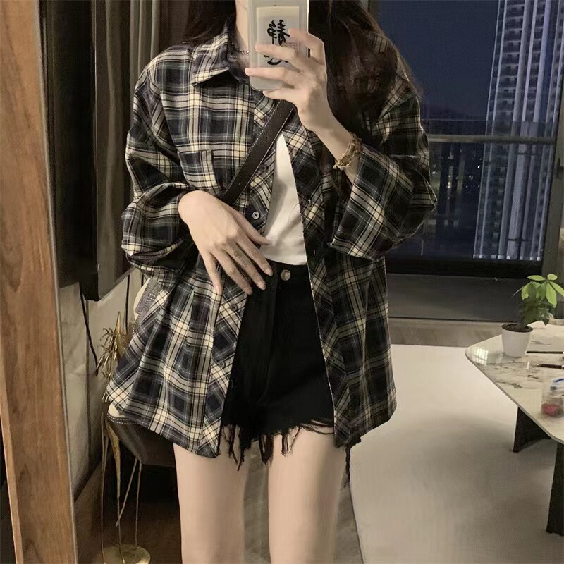 European Style Pure Cotton Plaid Shirt for Women, Petite, Loose, Vintage, Long-Sleeved, Summer, Spring and Autumn, Casual, Plus Size Shirt Jacket