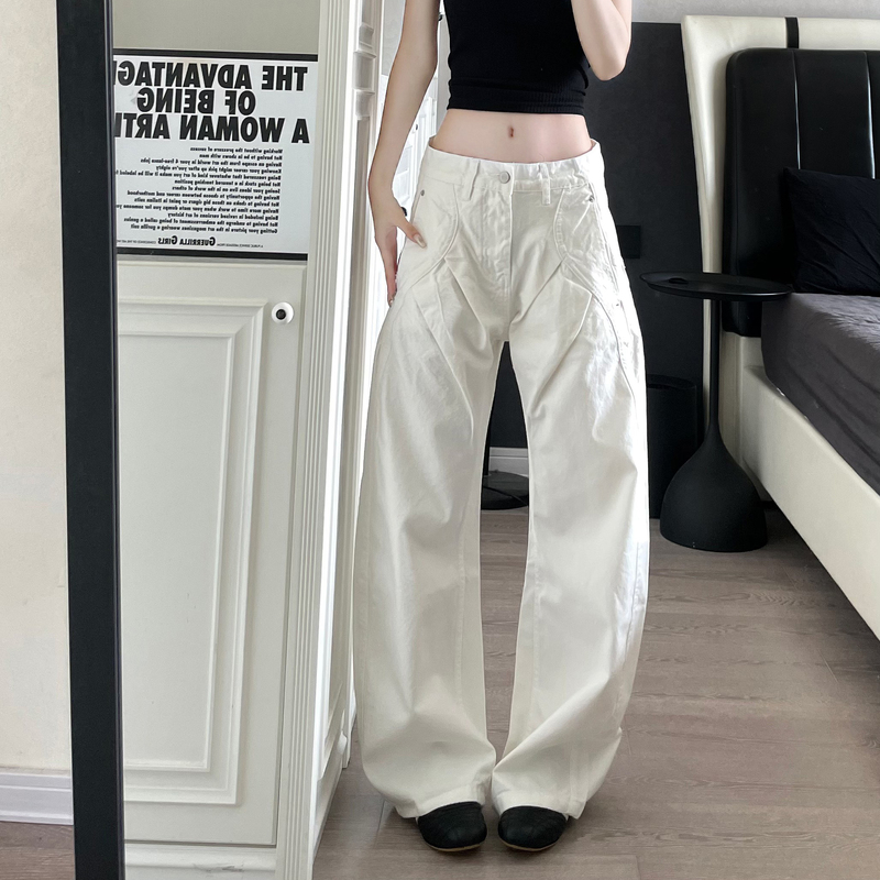 9002up New American Double Pleated Design White Scimitar Jeans High-End Loose Simple Casual Pants