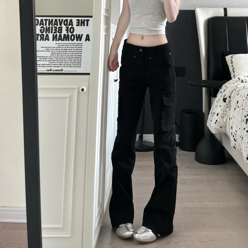 9002up American High Street Style Flared Black Vibe Pants with a Draping, High-End Feel, Slimming Casual Cargo Pants New Model
