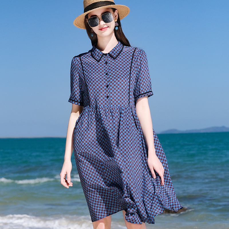 Silk Dress Summer 2026 New Style Shirt Collar Printed Dress Elegant Age-Reducing Hangzhou Brand Mulberry Silk Mid-Length Dress