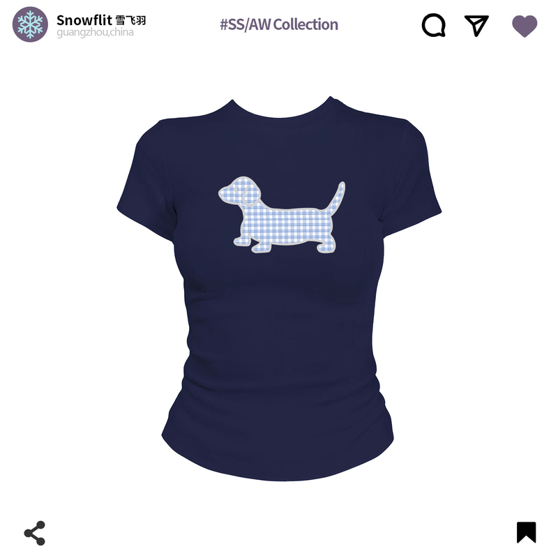 Navy Blue Plaid Puppy Print Short-Sleeve T-Shirt for Women, Summer American Style, Slim Fit, Tight-Fitting, Short Top That Makes You Look Slimmer Navy Blue Plaid Puppy Print Short-Sleeve T-Shirt for Women, Summer American Style, Slim Fit, Tight-Fitting, Short Top That Makes You Look Slimmer