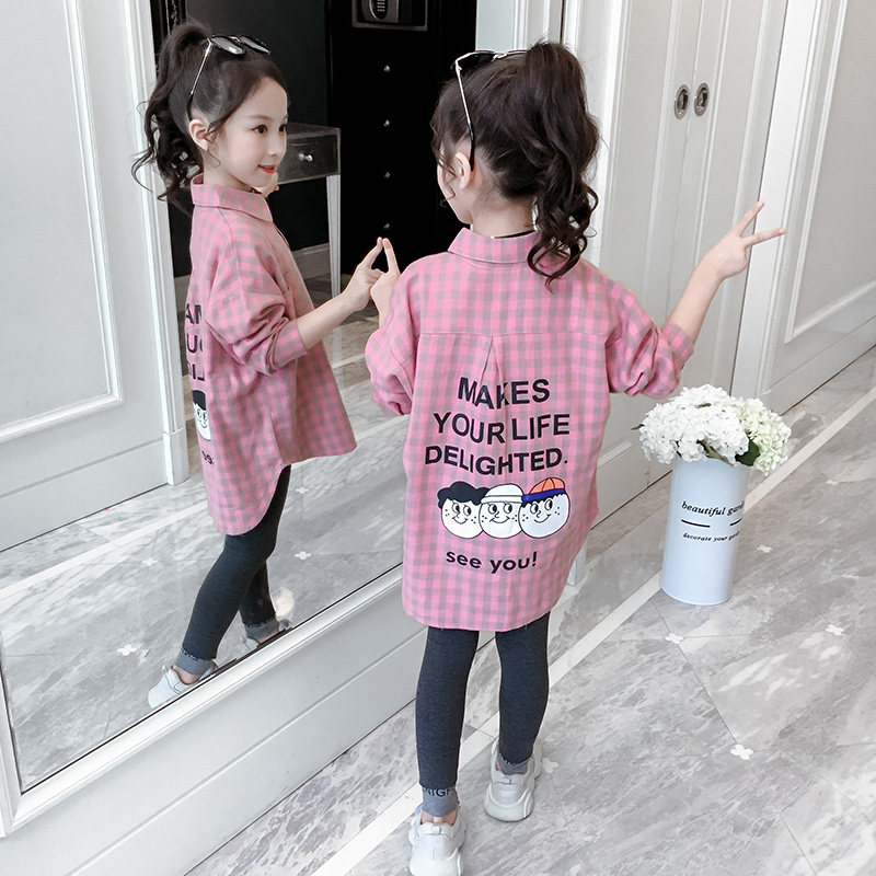 Girls' shirt spring and autumn in the middle of the big children's spring dress foreign atmosphere long sleeves cotton plaid shirt jacket little girl top