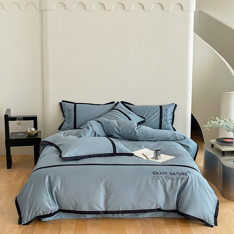 Minimalist wind all-cotton pure cotton long suede cotton four pieces of pure color Four Seasons Quilt Cover Bedsheet Double Bed supplies-Taobao