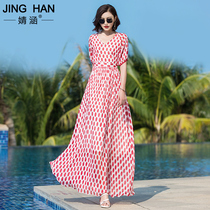 Pink wave dots chiffon dress women 2021 new summer slim long dress temperament long gentle wind big swing skirt