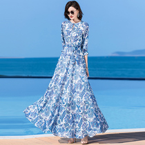 Green flower porcelain long nepotism Bubble Sleeves Snowspun dress Girl 2022 Summer new collection waist display slim and long style dress