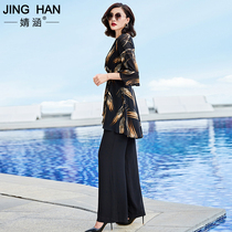 Fashion set womens summer 2021 New slim print show high age age wide leg pants chiffon shirt two-piece Foreign