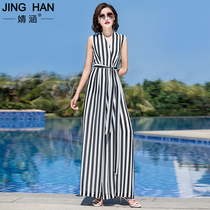 Striped jumpsuit womens 2021 summer new long chiffon thin casual pants high waisted wide leg pants