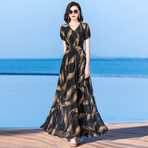 Broken Flowers Snowspun Tandem Dress Woman 2022 Summer New long section to ankle V neckline Slim Large Swing Long Dress