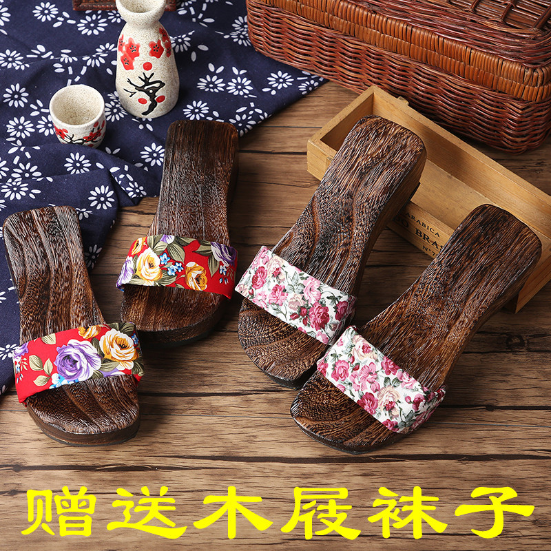 Heel Height 4cm Japanese-Style Wooden Clogs for Women, Mid-Heel Solid Wood Shoes, Herringbone Sandals, Anime Slippers, Herringbone Cosplay Slippers