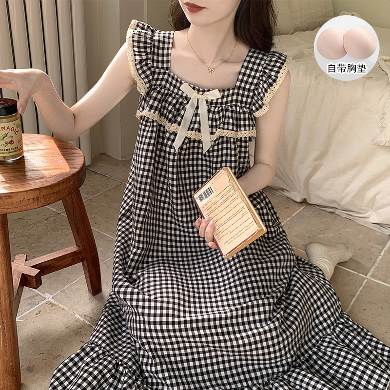 Summer Sleeveless Cloud Cotton Flutter Sleeve Camisole with Chest Pad Nightgown for Women, Princess Style Sweet Ruffled Plaid Sleepwear