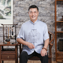 Summer thin short-sleeved silk Tang suit middle-aged and elderly mens fattened mulberry silk Chinese casual dad shirt