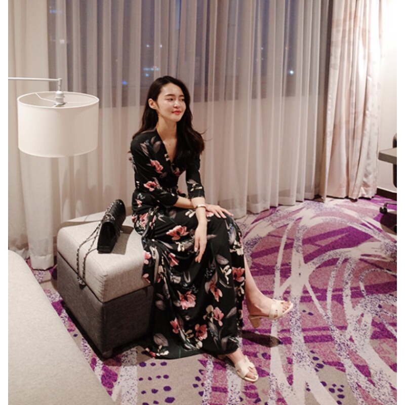 Pg Dvf Wrap Skirt Spring and Summer New Star Style Slim Fit V Neck Printed One-Piece Dress