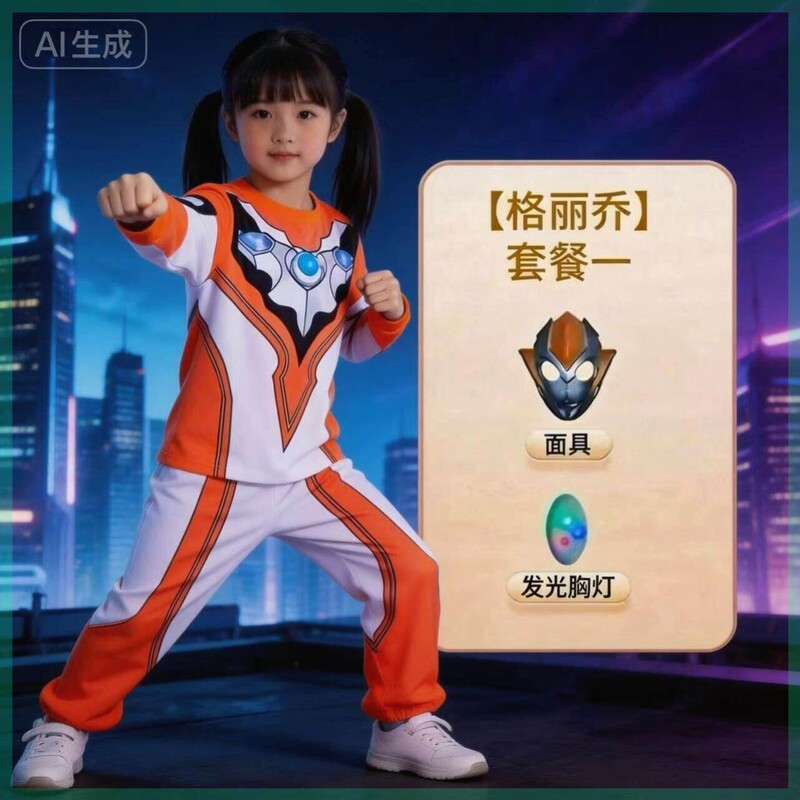 Ultraman Grigio Long-Sleeve Cotton Set for Girls, Children's Day Two-Piece Sports Outfit, Class a