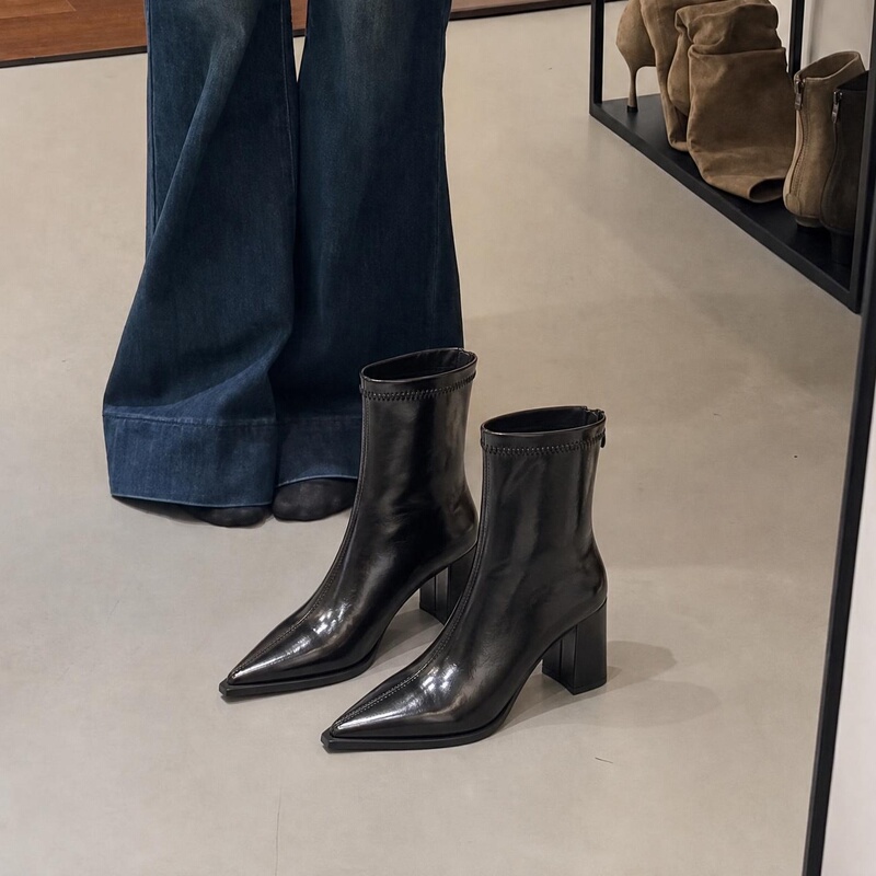 Black Pointed Toe Chunky Heel High Heel Short Boots for Women 2026 New Autumn and Winter High Heels Elegant French Style Elastic Slim Boots Black Pointed Toe Chunky Heel High Heel Short Boots for Women 2026 New Autumn and Winter High Heels Elegant French Style Elastic Slim Boots