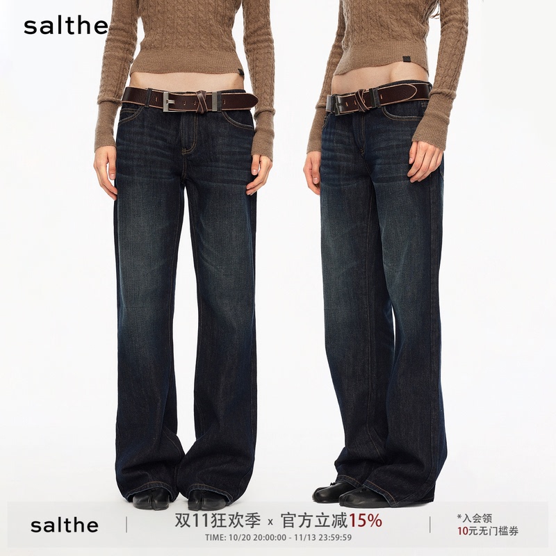 Salthe*100% Cotton Vintage Blue-Black Washed Distressed Whiskered Jeans Low-Rise Straight Loose Casual Pants