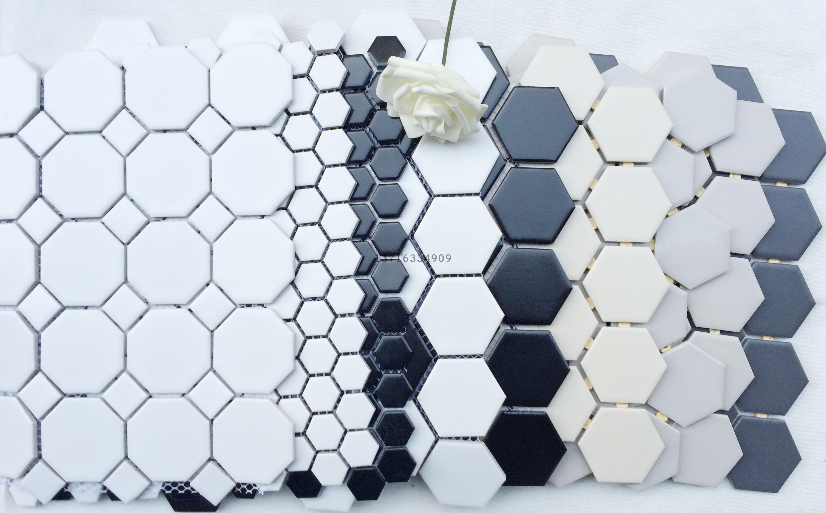 Ceramic mosaic tiles Hexagonal octagonal black and white gray parquet Bathroom powder room kitchen background wall Swimming pool