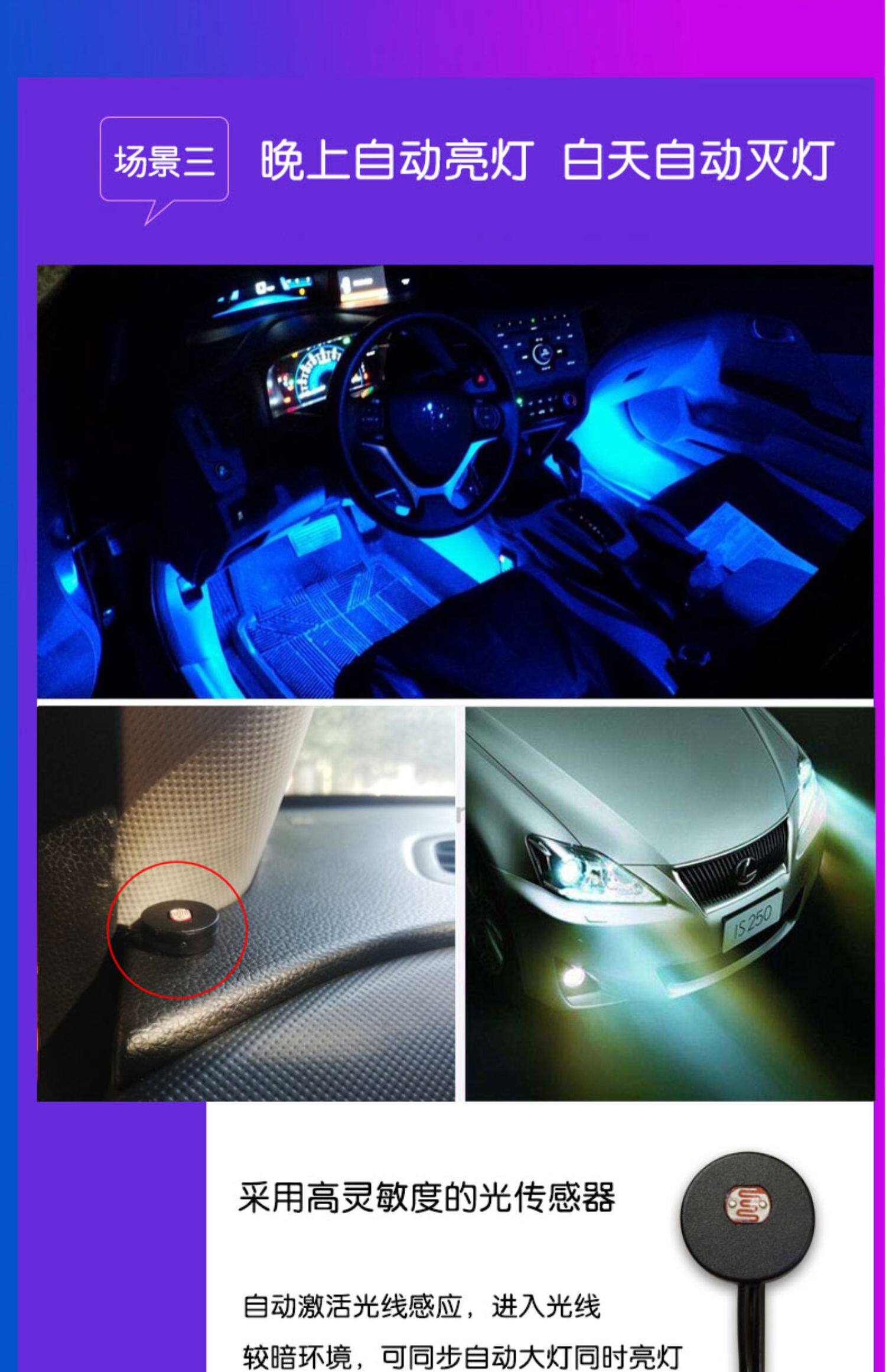 тюнинг фар 车内节奏氛围灯声控无线感应车速呼吸气氛脚底灯汽车载音乐开门亮