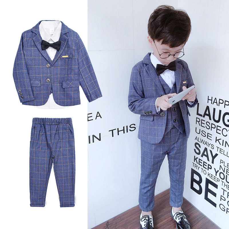Boy suit plus suede autumn winter children small suits of three sets flowers children gowns Inlenty windy and casual Western clothes