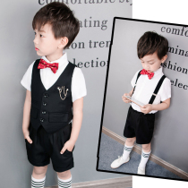 Flower girl dress boy short sleeve suit suit summer childrens host performance costume strap pants British style