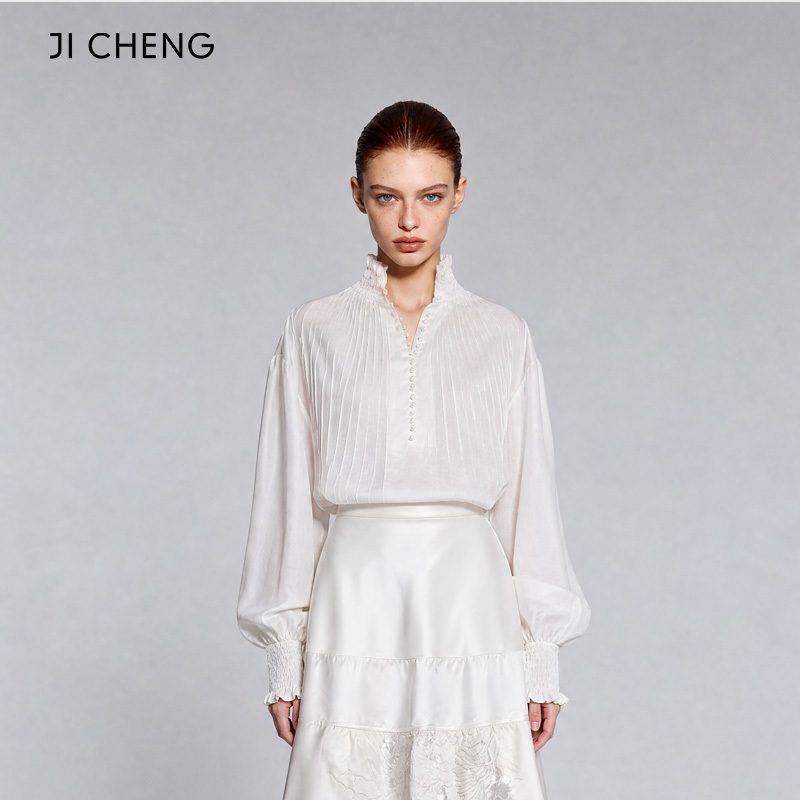 Ji Cheng Retro Beaded Button Embellished Pleated Long-Sleeve Ramie Shirt Celebrity Style 3410