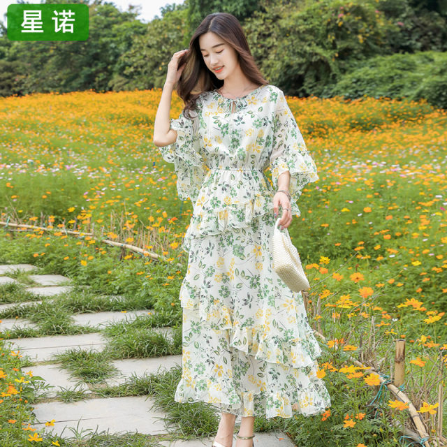 Chiffon floral dress 2024 spring and summer new skirt fairy super fairy style long skirt ankle