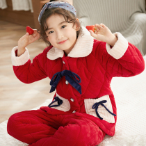 Childrens pajamas girls winter coral velvet padded cotton autumn and winter little girl plus velvet warm home clothing set