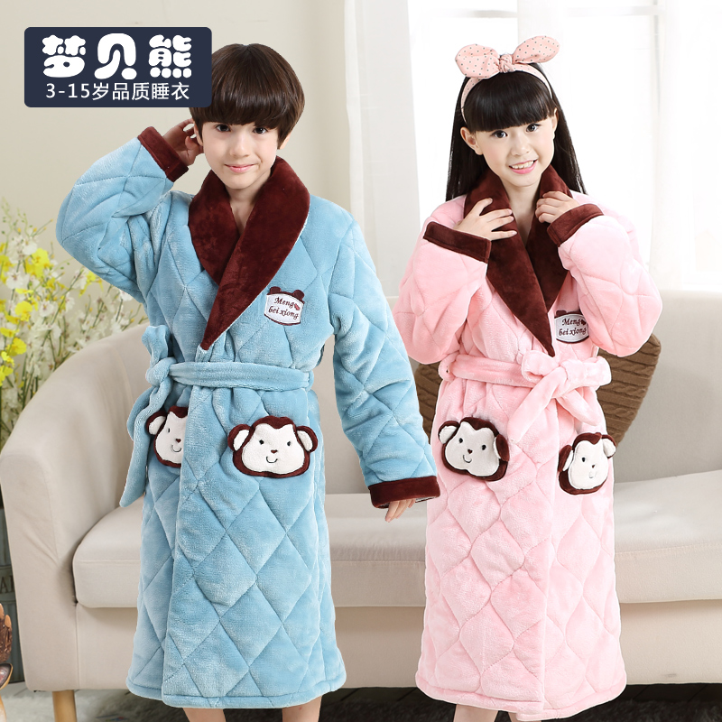 Children's robes, boys and girls, boys and girls, children, winter, three-layer, thickened bathrobe pajamas plus Velvet