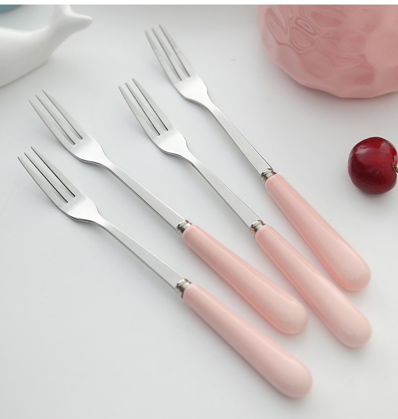 Korean stainless steel long handle fruit fork suit sign the snack small lovely fruit fork sweet moon cake fork ceramics